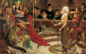 Abinadi steht vor dem schlechten König Noah und dessen verderbten Priestern.