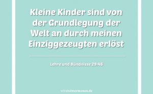 Weiße Schrift auf hellblauem Hintergrund: "Kleine Kinder sind von der Grundlegung der Welt an durch meinen Einziggezeugten erlöst." (aus Lehre und Bündnisse 29:46)"