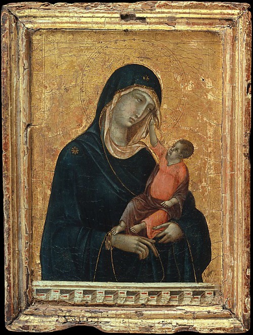 Zu sehen ist ein bizarres Gemälde von Maria und dem Jesuskind