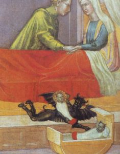 Zu sehen ist ein älteres, sehr bizarres religiöses Gemälde (Maria und Joseph, der Teufel tauscht ein Christuskind gegen ein anderes aus)
