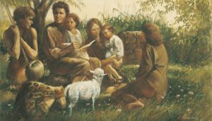 Zu sehen ist das Bild Adam and Eve Teaching Their Children by Dale Parsons. Adam und Eva belehren ihre Kinder.