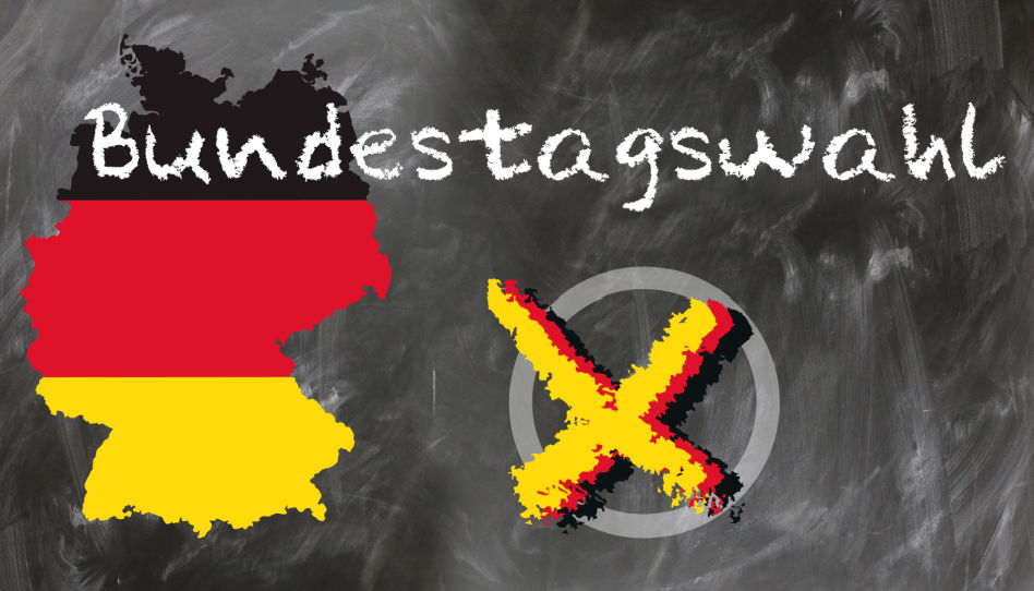 Auf diesem Bild ist in weißen Lettern das Wort "Bundestagswahl" zu lesen. Desweiteren sieht man die Karte Deutschlands in schwarz, rot und gold, sowie ein Kreuz auf einem Kreis.