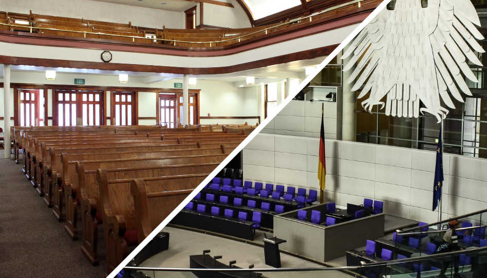Zur anstehenden Wahl gibt es einen passenden Beitrag. Auf dem Titelbild sieht man den Ausschnitt einer Kirchekapelle und den des deutschen Bundestags.