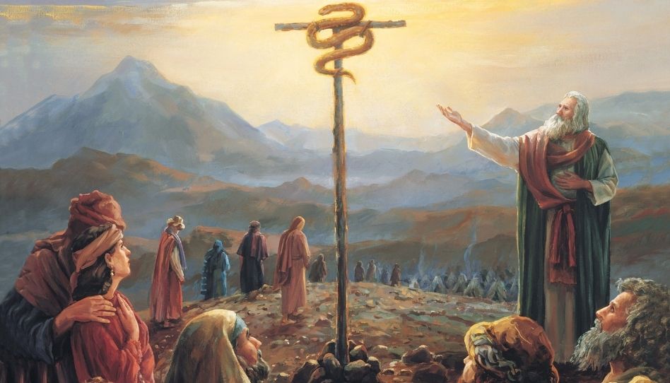 Zu sehen ist der Teil eines Gemäldes. Einer von Gottes Propheten, Mose, zeigt auf eine kupferne Schlange, die er oben an einer Stange befestigte. Nachzulesen in der Bibel, Numeri 21, Verse 4 bis 9.
