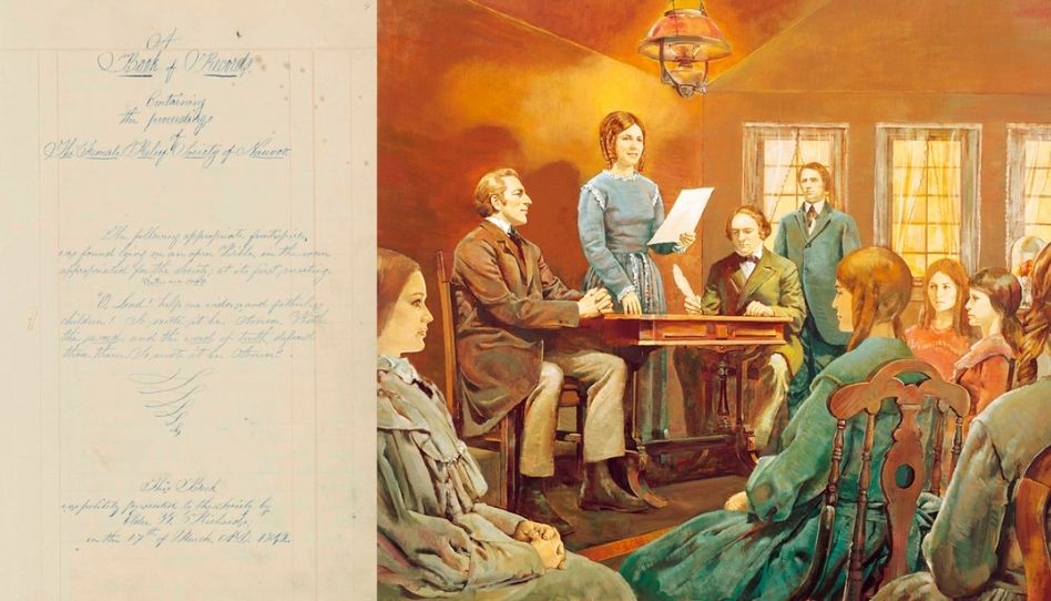 Zu sehen ist ein original Schriftstück zur Gründung der Frauenhilsvereinigung (FHV) am 17. März 1842. Außerdem ist eine Zeichnung dieses Moments zu sehen.