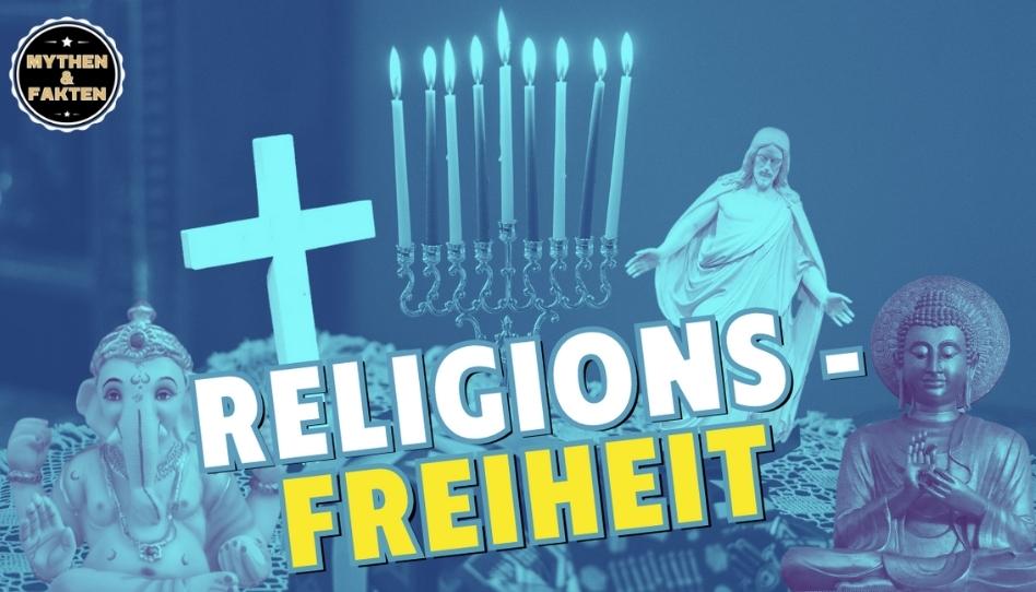 Auf dem Bild ist das Wort Religionsfreiheit zu lesen. Passend zum Thema finden sich Symbole verschiedener Religionen wieder, wie eine Statue von Jesus Christus, ein Kreuz oder auch die Figur eines Buddha.