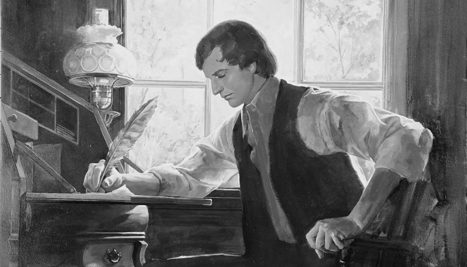 Zu sehen ist ein Portrait von Joseph Smith, wie er an einem Tisch sitzt und schreibt. So in etwa saß er wohl da, als er die 13 Glaubensartikel aufschrieb.