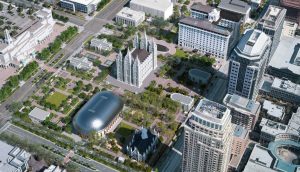 Zu sehen ist der Temple Square aus der Vogelperspektive.
