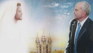 Zu sehen ist ein Gemälde auf dem sich Russell M. Nelson und Jesus Christus gegenübersitzen und einander anschauen. Zwischen ihnen sieht man im Hintergrund den Salt Lake Temple.