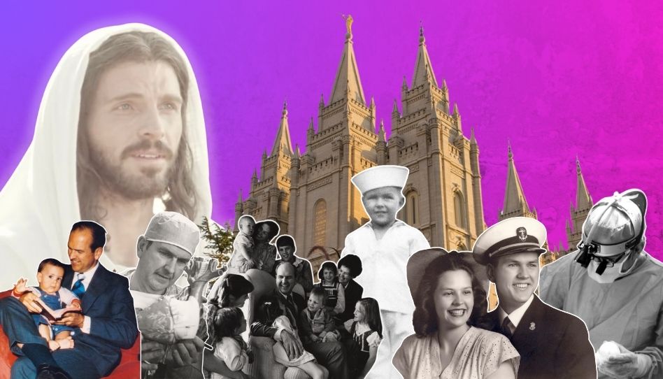 Zu sehen sind verschiedene Ausschnitte von Fotos, die Russell M. Nelson als Familienvater, Ehemann oder in seinem Job darstellen. Im Hintergrund zu sehen sind Jesus Christus und der Salt Lake Tempel.