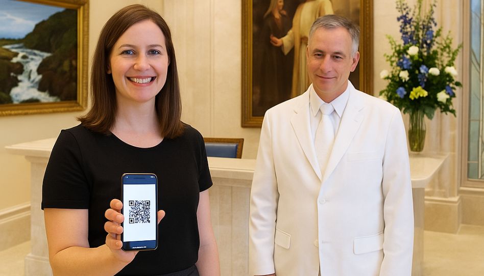 Zu sehen sind zwei Mitglieder der Kirche Jesu Christi, ein Mann und eine Frau. Die Frau hält ein Smartphone in der Hand, auf dem ein QR-Code zu sehen ist. Er stellt den digitalen Tempelschein dar.