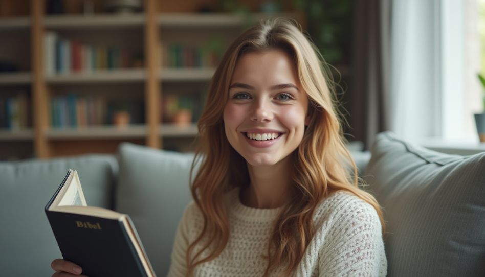 Eine junge Frau hält eine Bibel in der Hand und lächelt dabei in die Kamera.