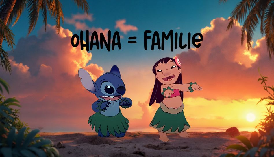 Zu sehen ist der Schriftzug "Ohana = Familie" über Lilo und Stitch, die auf einem Strand tanzen.