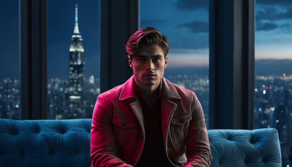 Zu sehen ist ein junger Mann, der auf einem Sofa sitzt. Im Hintergrund ist die Skyline einer großen Stadt zu sehen. Es soll symbolisieren, dass er viel Besitz hat aber dennoch nicht glücklich ist.