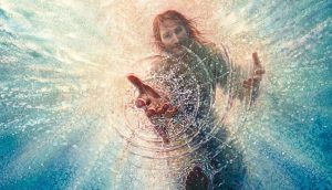 Ein Ausschnitt des Gemäldes mit dem Titel "His Mighty Hand", von Yongsung Kim. Jesus greift mit einer Hand ins Wasser, als würde er einen herausziehen wollen.