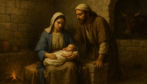 Darstellung der Heiligen Familie in einem schlichten Stall, passend zur wahren Weihnachtsgeschichte; Maria hält das Baby, während Josef sich liebevoll daneben beugt.