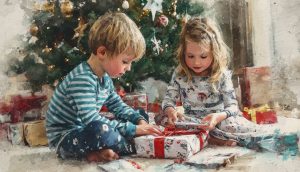 Kinder packen Weihnachtsgeschenke aus.