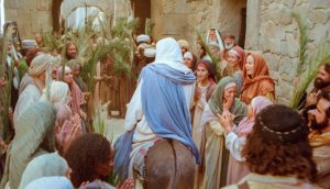 Jesus reitet auf einem Esel in Jerusalem ein. Viele jubeln ihm – mit Palmblättern in den Händen – zu.