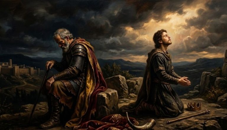 Links zu sehen ist ein bedrückter Saul zu sehen, den Kopf Richtung Boden geneigt. Rechts zu sehen ist david, der betend nach oben schaut.