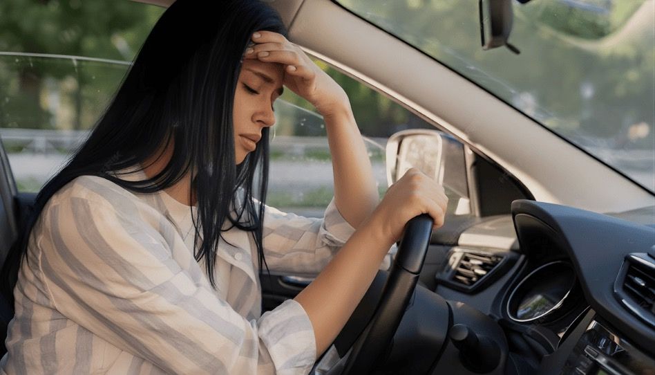 Eine Frau sitzt am Steuer eines Autos und sieht verzweifelt aus