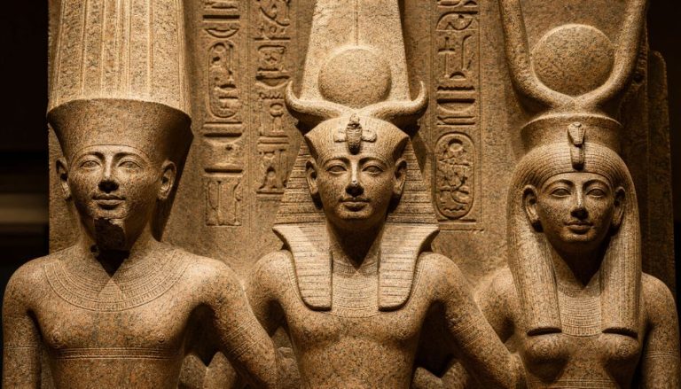 Eine Antike Götter-Triade. Ramses II in der Mitte, zwischen den Göttern Amun und Mut. Erstellt mit KI.