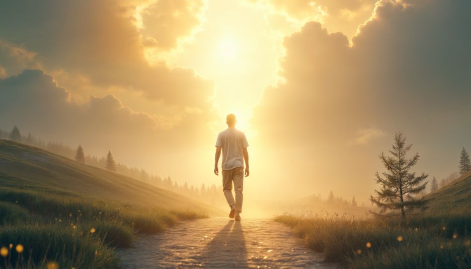 Ein Mann geht auf einem Weg in Richtung des Lichts der Sonne.