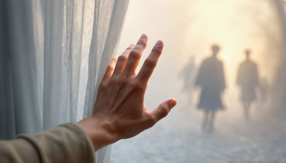 Eine Hand schiebt einen Fenstervorhang zur Seite und sieht mehrere Silhouetten auf ein licht zugehen.