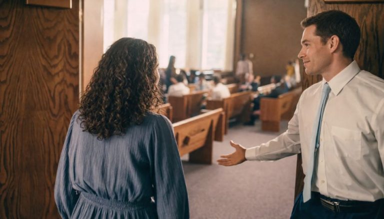 Ein junger Mann begrüßt eine junge Frau freundlich in der Kirche, in einem Gemeindehaus der Kirche Jesu Christi der Heiligen der Letzten Tage.