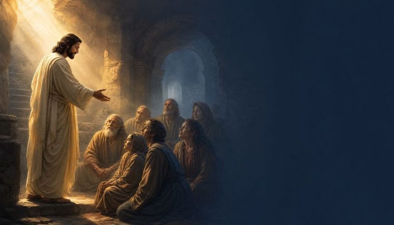 Szene mit Jesus, der zu einer Gruppe von menschen spricht.
