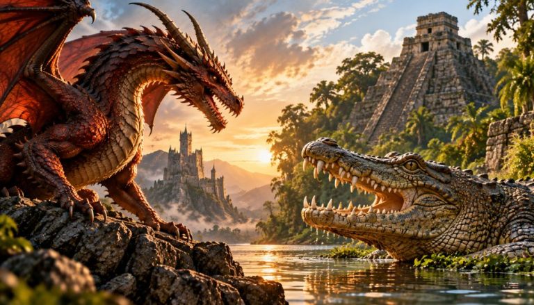 Im Vordergrund sieht man einen Drachen links und ein riesiges Krokodil rechts. Im Hintergrund ein Schloss links und eine Azteken-Pyramide.
