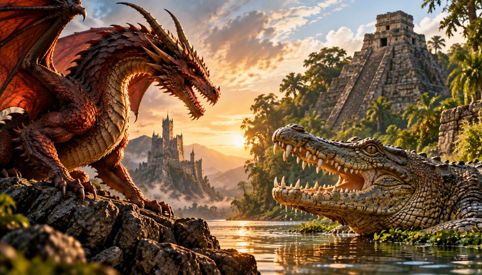 Im Vordergrund sieht man einen Drachen links und ein riesiges Krokodil rechts. Im Hintergrund ein Schloss links und eine Azteken-Pyramide.