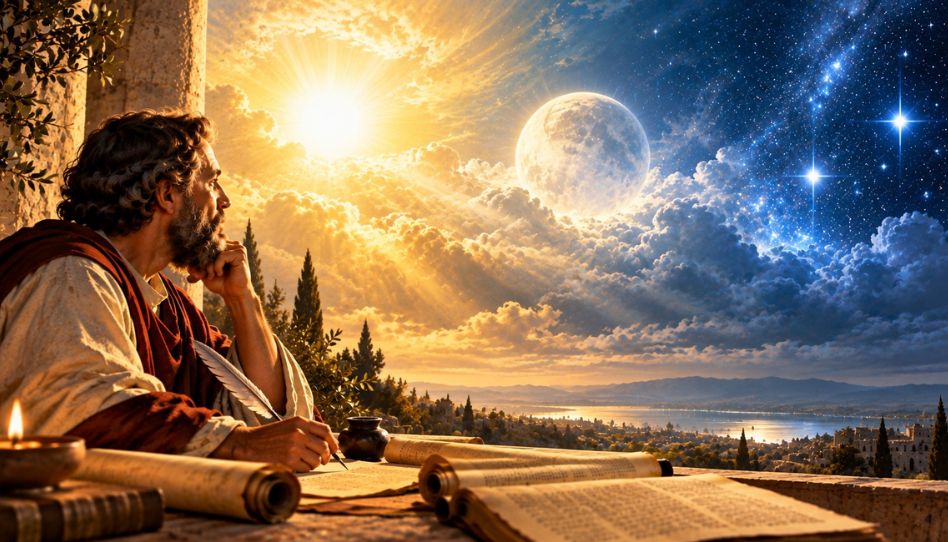 Frühchristlicher Gelehrter betrachtet Sonne, Mond und Sterne als Symbole für die drei Grade der Herrlichkeit.
